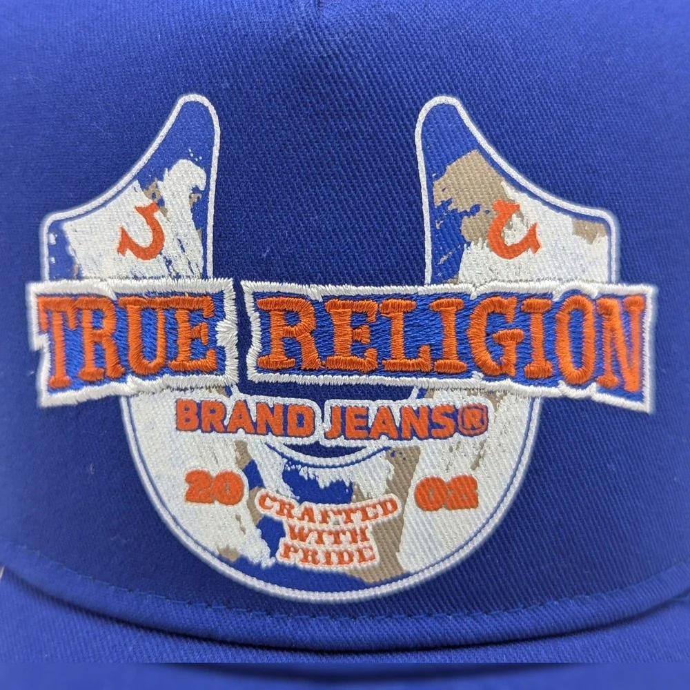 True Religion Mens Surf The Web Blue Embroidered Trucker Hat Snapback TR4245 NEW
